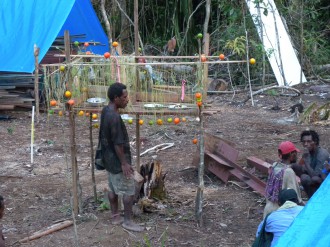 Saldon Yabi, a clan leader, offering food to forest spirits to ensure they see the construction of the Swire Research Station favourably and will prevent any further snake bites.